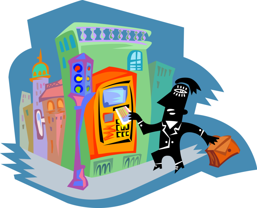 Vector Illustration of Businessman Gets Cash Money at Bank ATM Machine