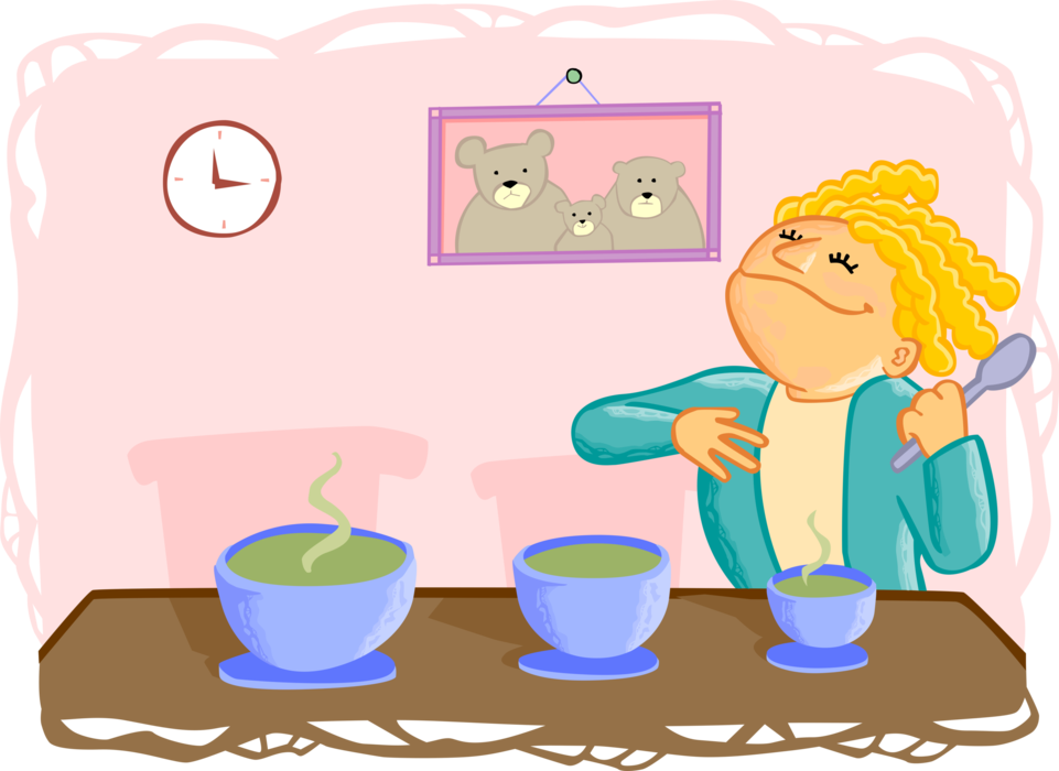 Vector Illustration of Goldilocks and the Three Bears Fairy Tale The Porridge is "Just Right!"