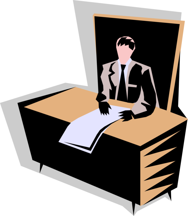 Vector Illustration of Businessman Executive Works at Desk in Office