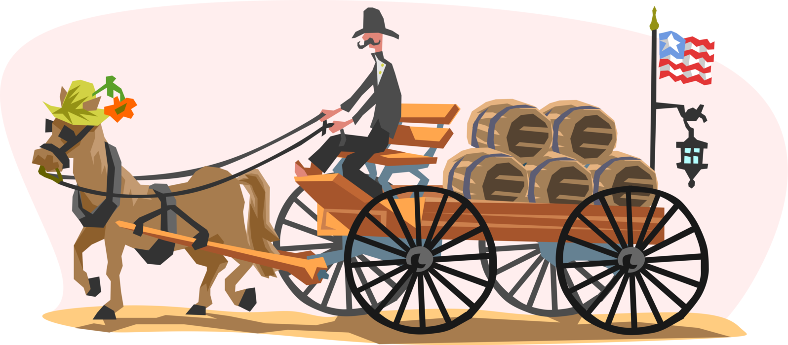 Vector Illustration of 19th Century Victorian Era Early American Horse Drawn Water Wagon