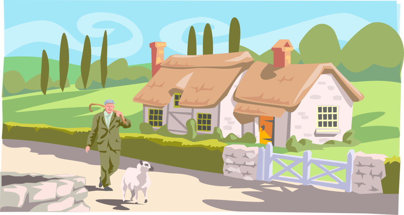 Vector Illustration of English Farmer Walking with Sheep Down Road in Countryside, United Kingdom