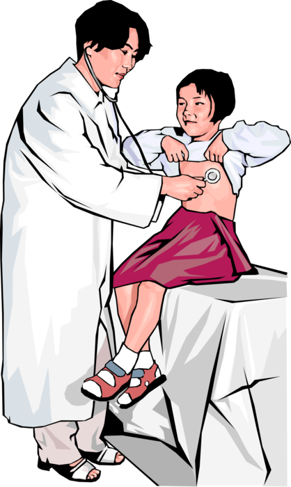 Vector Illustration of Health Care Professional Doctor Physician Examining Young Patient with Stethoscope