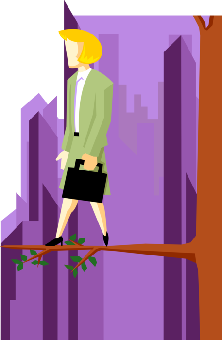 Vector Illustration of Businesswoman Takes Chance and Goes Out on Limb Idiom