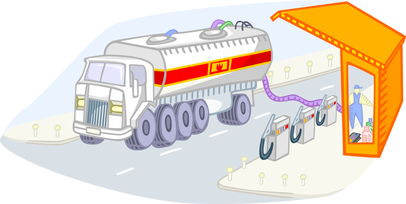 Vector Illustration of Petroleum Gasoline Fuel Tanker Transport Truck Delivers Gas to Service Station