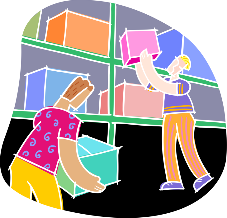 Vector Illustration of Warehouse Workers Store Boxes on Shelves