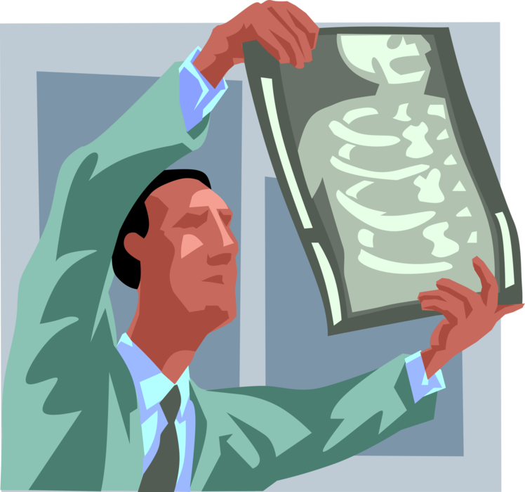 Vector Illustration of Health Care Professional Doctor Physician Reviewing and Evaluating X-Ray Results