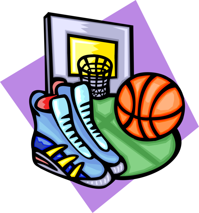 Vector Illustration of Basketball Sports Equipment with Ball, Sneakers and Hoop