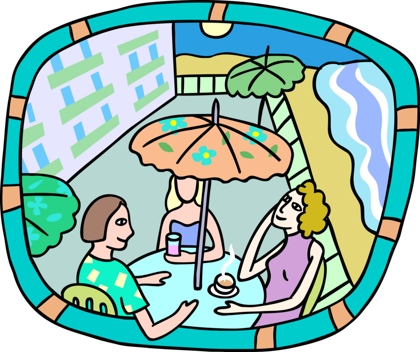 Vector Illustration of Vacation Resort Outdoor Terrace Café by Pool