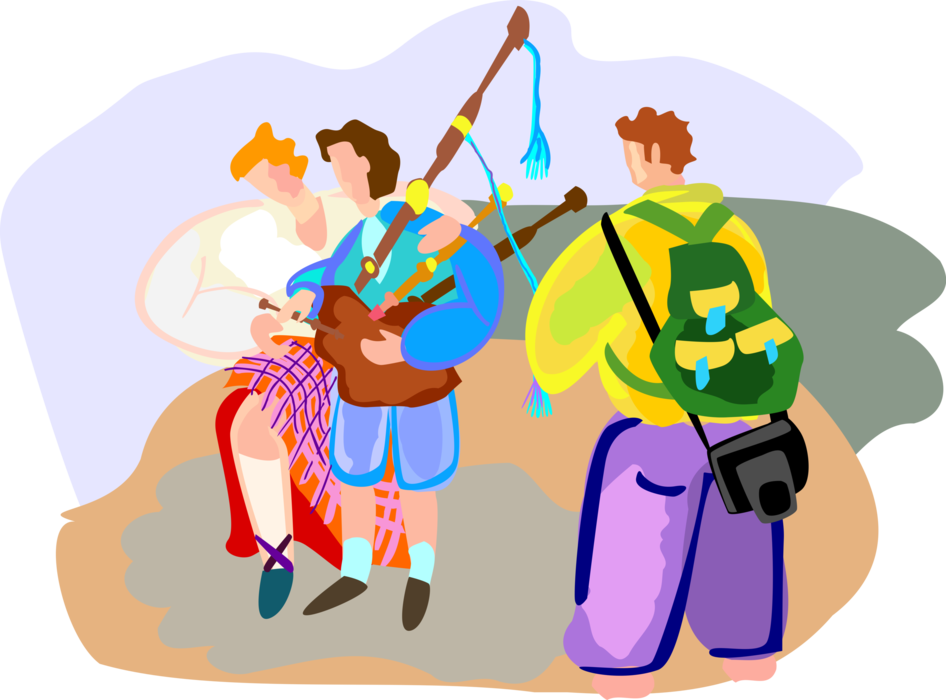 Vector Illustration of Tourists on Vacation in Scotland Try Playing Scottish Highlands Bagpipes with Man in Kilt