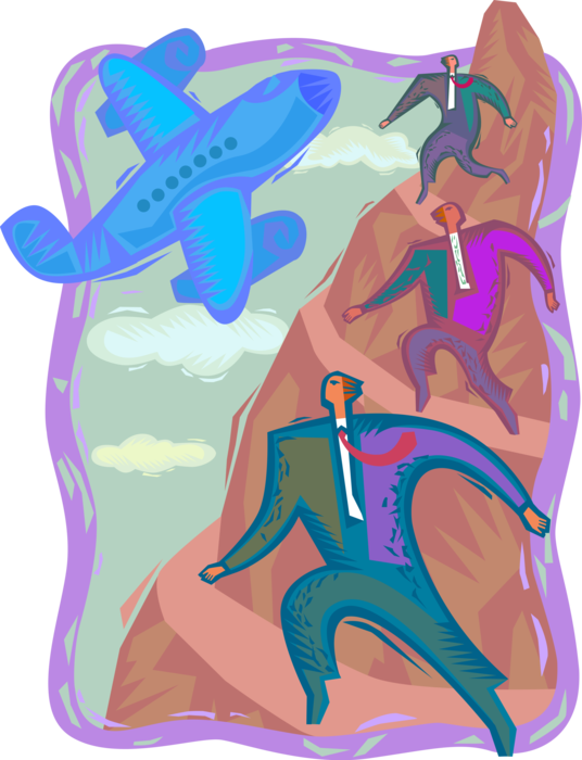 Vector Illustration of Businessmen Ascend Tall Mountain to Summit Where Planes Fly