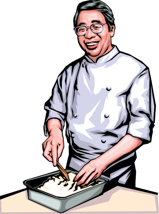 Vector Illustration of Japanese Culinary Cuisine Chef Prepares Sushi with Rice