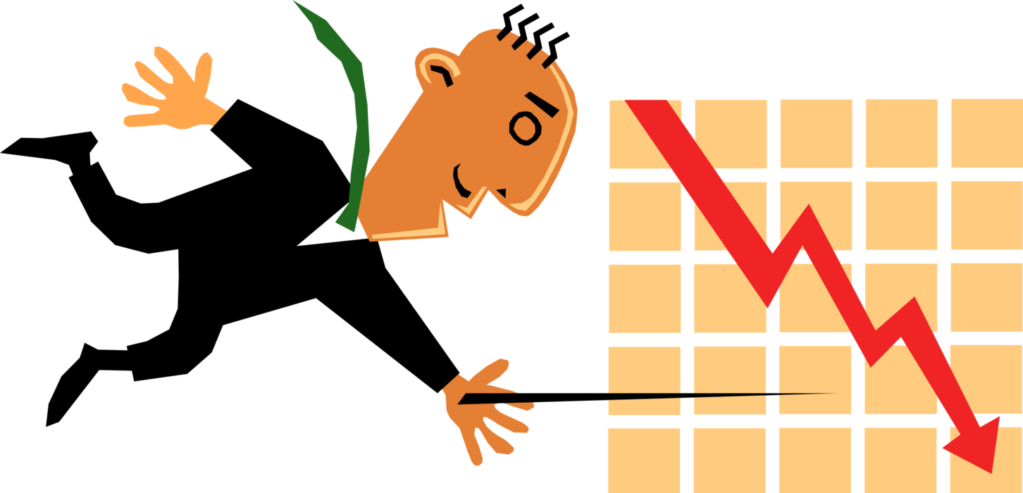 Vector Illustration of Businessman Presenter Points to Declining Sales Chart Diagram or Graph