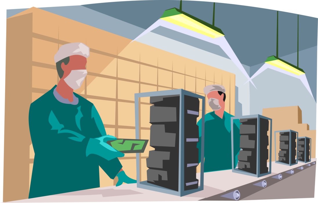 Vector Illustration of Manufacturing Factory Assembly Line Workers in Clean Room