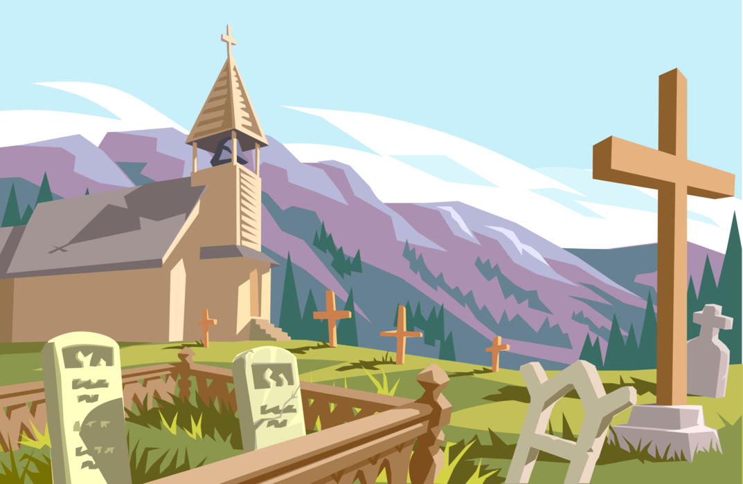 Vector Illustration of Country Cemetery with Church and Grave Tombstones