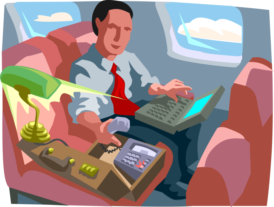 Vector Illustration of Businessman Traveling in Airplane Conducts Business During Flight