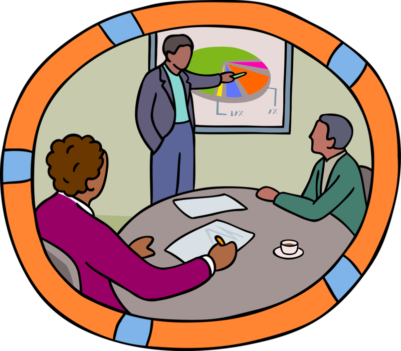 Vector Illustration of Man Presenting Data to Co-Workers in Office Boardroom
