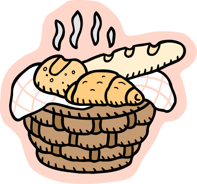 Vector Illustration of Wicker Basket of Fresh Baked Goods with Baguette and Viennoiserie-Pastry Croissants