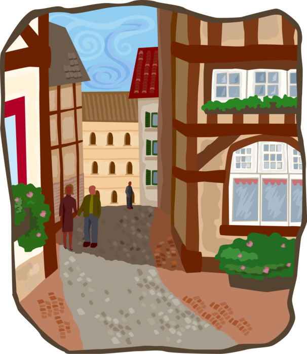Vector Illustration of European Street Scene with Buildings