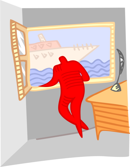 Vector Illustration of Daydreaming and Looking Out Window at Motor Yacht Ship