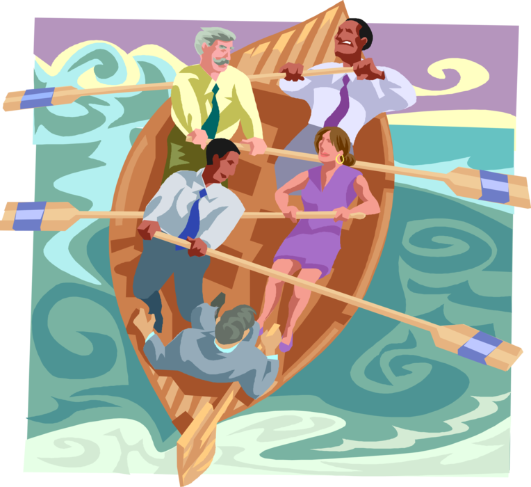 Vector Illustration of Office Workers Weathering the Storm Through Teamwork