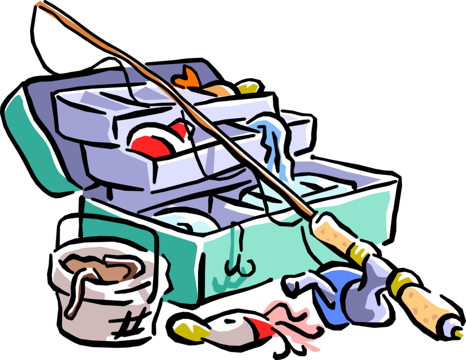 Vector Illustration of Fishing Tackle Box with Fish Lures and Hooks