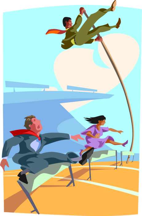Vector Illustration of Business Track and Field Competitors Running the Hurdles