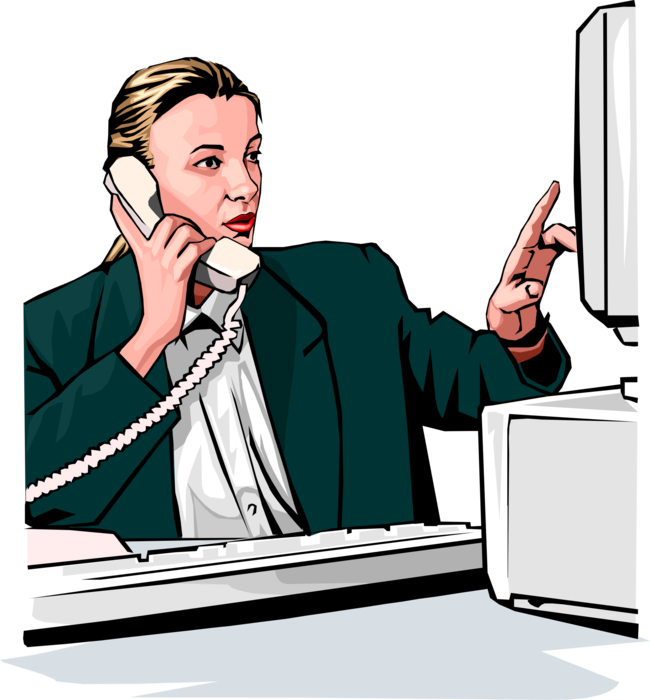 Vector Illustration of Businesswoman Checks Online Information with Telephone Customer