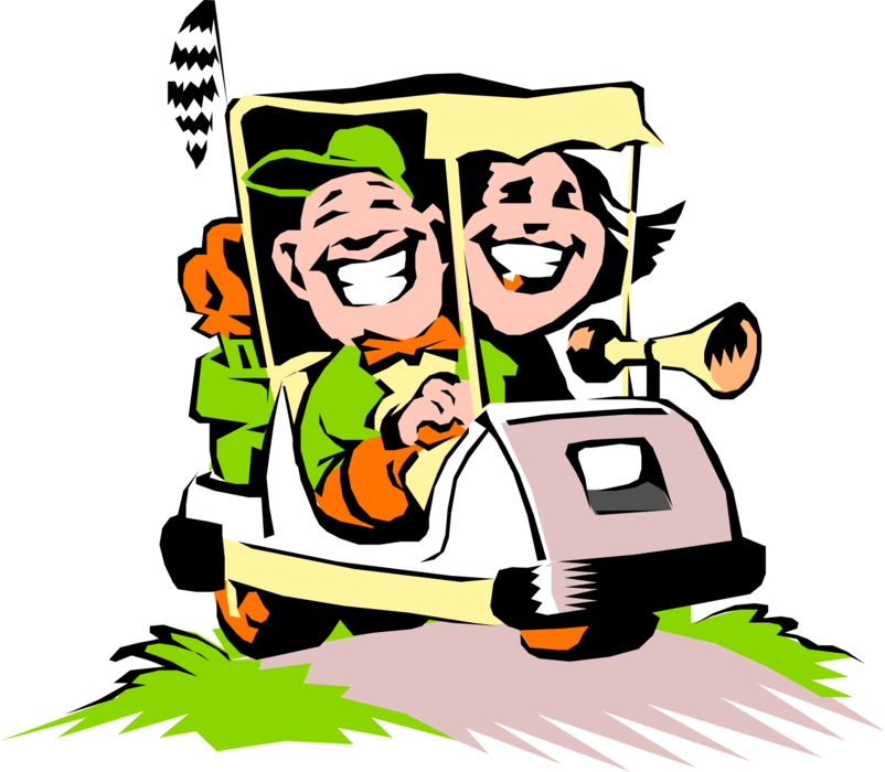 Vector Illustration of Happy Golfing Couple Ride Golf Cart