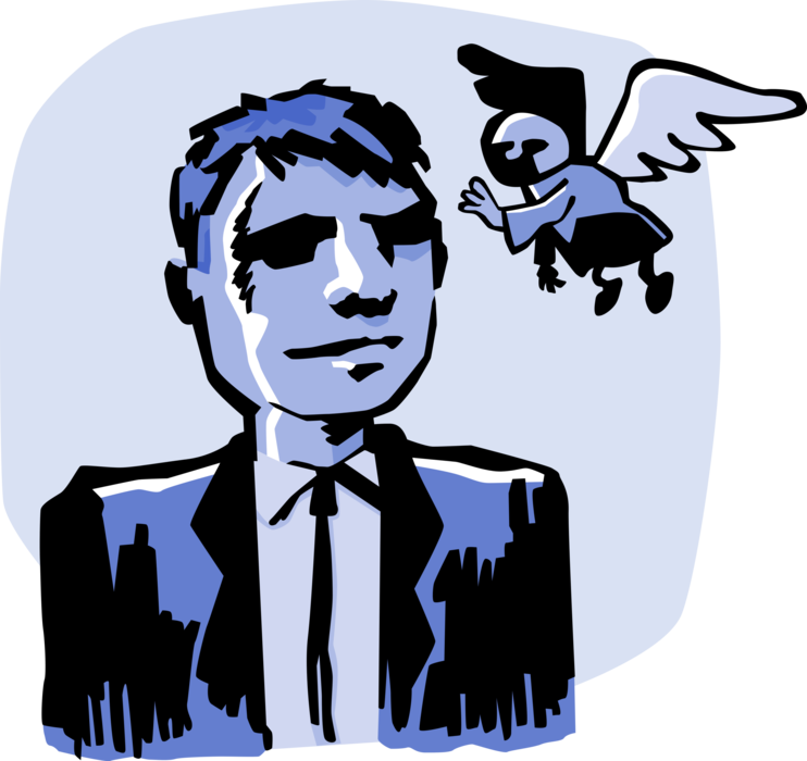 Vector Illustration of Businessman Listens to Guardian Angel's Advice