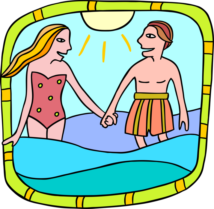 Vector Illustration of Romantic Couple Hold Hands and Wade into Water at Beach 