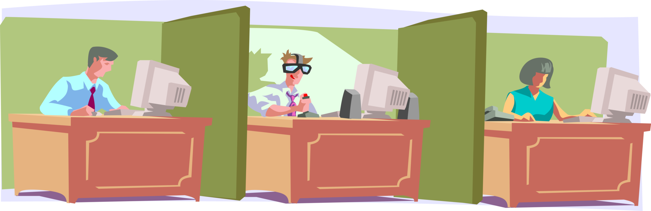 Vector Illustration of Two Office Workers Hard at Work, While Third Goofs Off