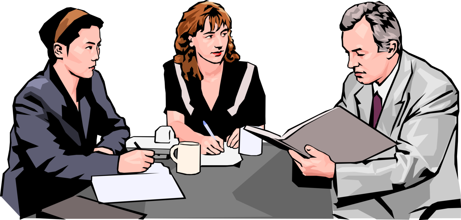 Vector Illustration of Business Meeting Discussion with Documents at Boardroom Table