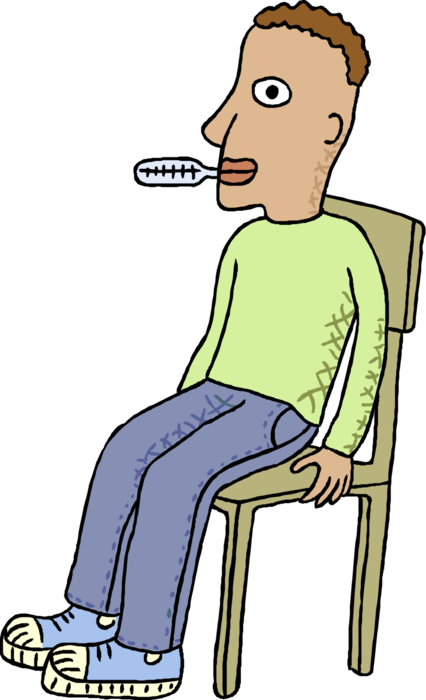 Vector Illustration of Male Patient with Thermometer in His Mouth Taking Temperature