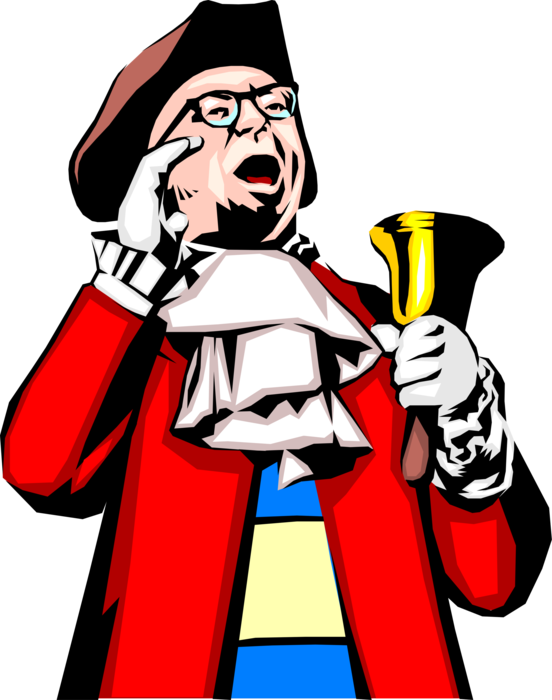 Vector Illustration of Town Crier or Bellman Makes Public Pronouncement with Bell and Light