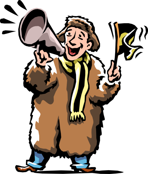 Vector Illustration of Fan at Game in Warm Fur Coat with Megaphone and Team Flag