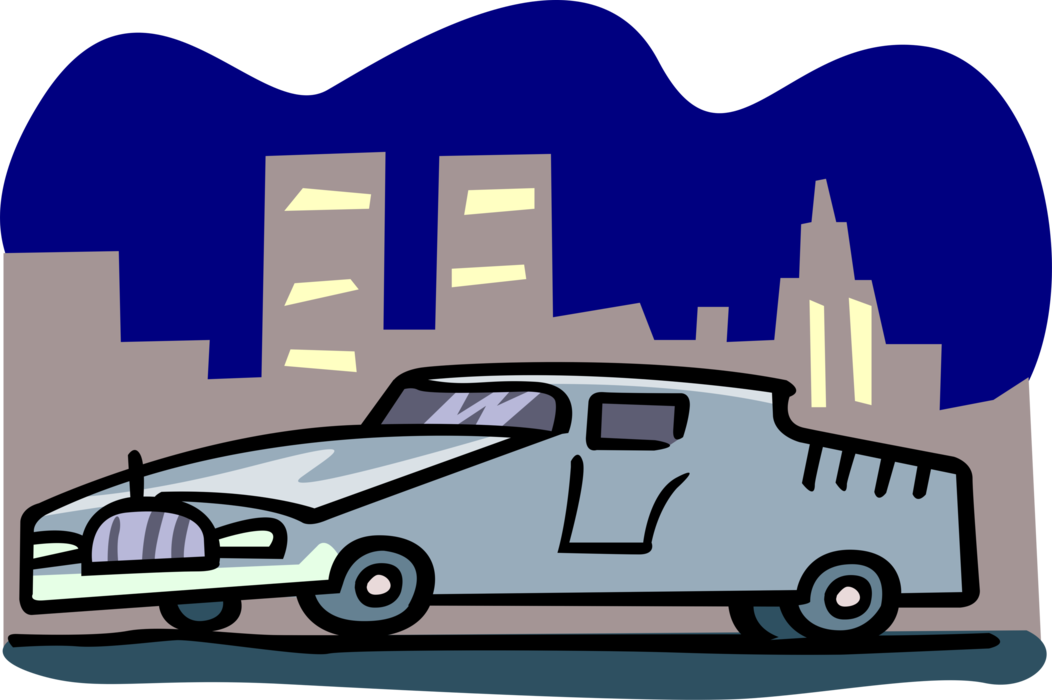 Vector Illustration of Limousine Motor Vehicle Automobile Car at Night in City