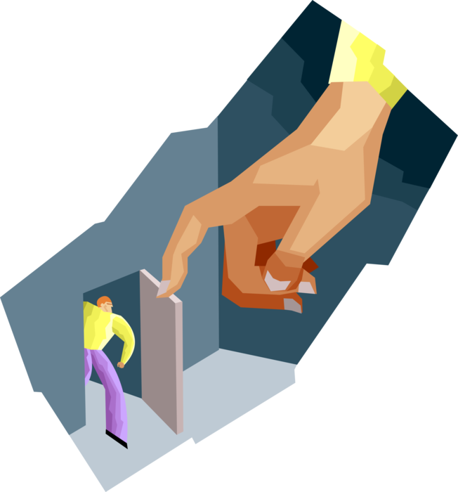 Vector Illustration of Large Hand Opening Door for Small Man