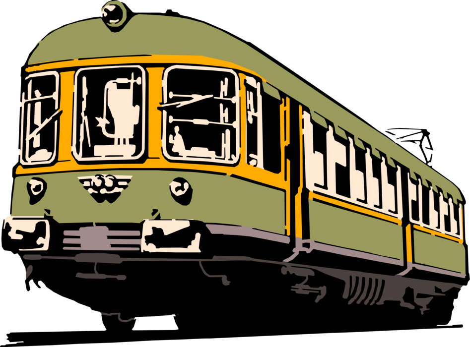 Vector Illustration of Electric Streetcar Tram Trolley Runs on Tracks Along Public Urban Streets