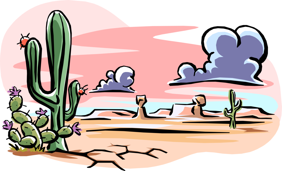 Vector Illustration of Desert Landscape with Butte and Cactus