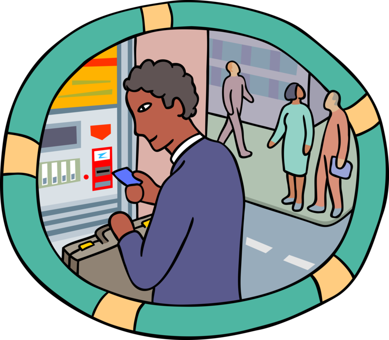 Vector Illustration of Withdrawing Cash Money at Drive-Through Bank Automated Teller Machine ATM 