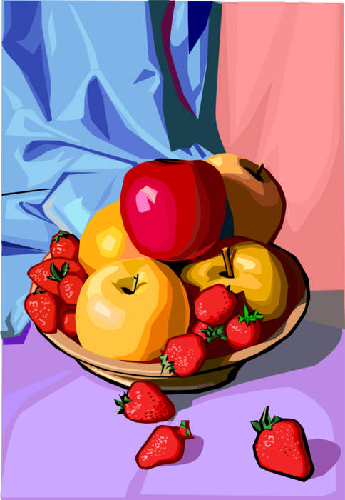 Vector Illustration of Bowl of Pomaceous Edible Fruit Red and Yellow Apples and Strawberries