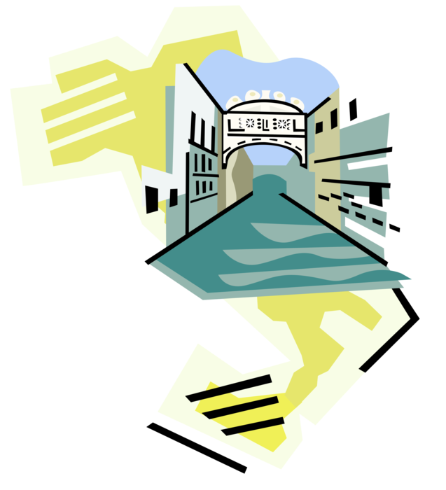 Vector Illustration of Bridge of Sighs Over Rio di Palazzo at Doge's Palace, Venice, Italy