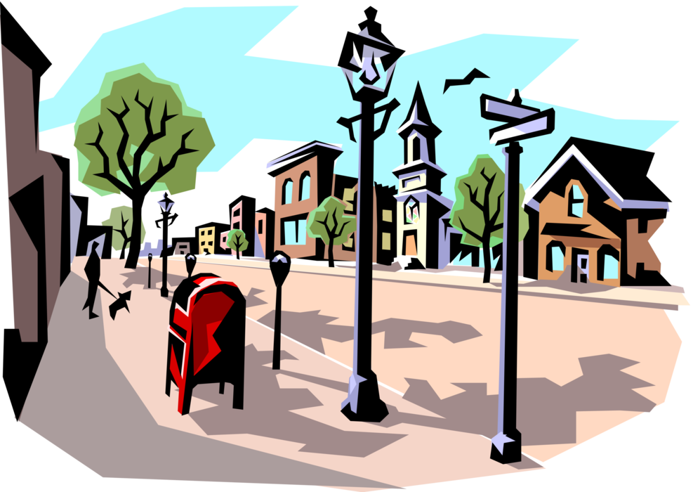 Vector Illustration of Small Town Street Scene