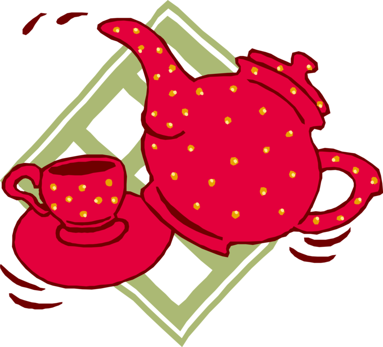 Vector Illustration of Teapot with Spout and Handle, Teacup Cup and Saucer