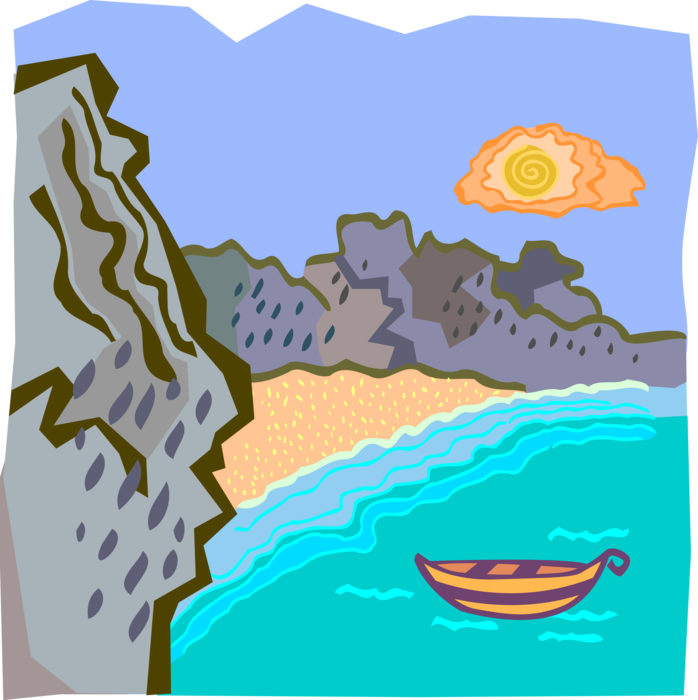 Vector Illustration of Coastline Shoreline and Beach with Boat
