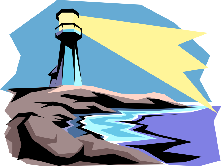 Vector Illustration of Lighthouse Beacon Emits Light as Navigational Aid for Maritime Vessels