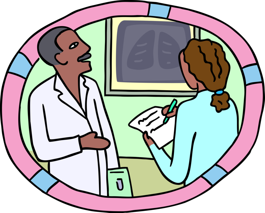 Vector Illustration of Health Care Nurse Takes Notes as Doctor Examines X-Ray Results