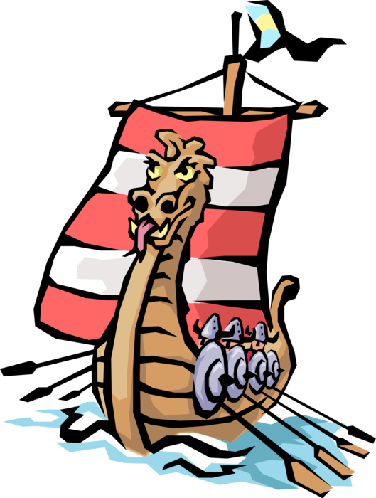 Vector Illustration of Nordic Viking Ship with Dragon's Head Marine Vessel Under Sail and Oar
