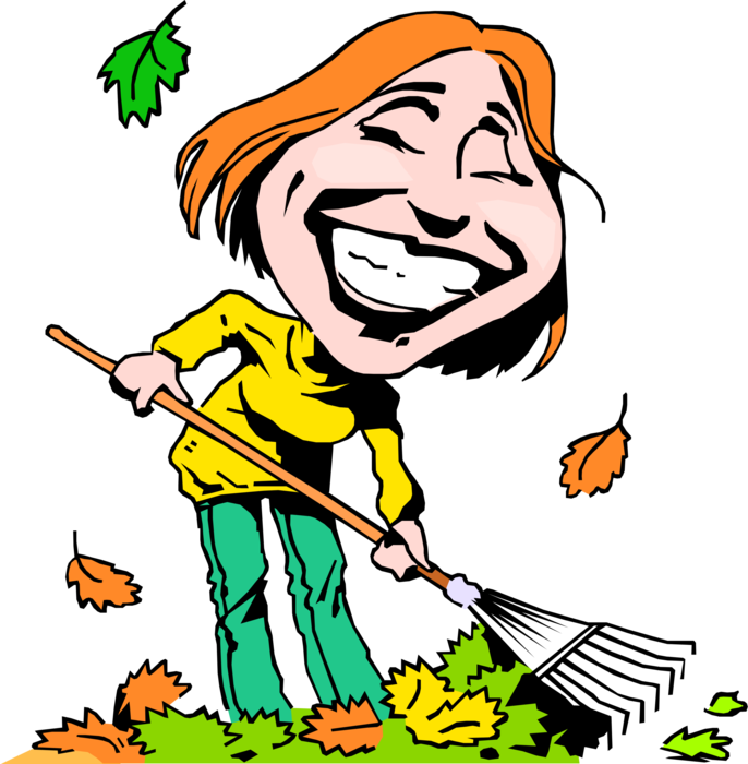 Vector Illustration of Woman Raking Autumn Leaves with Rake