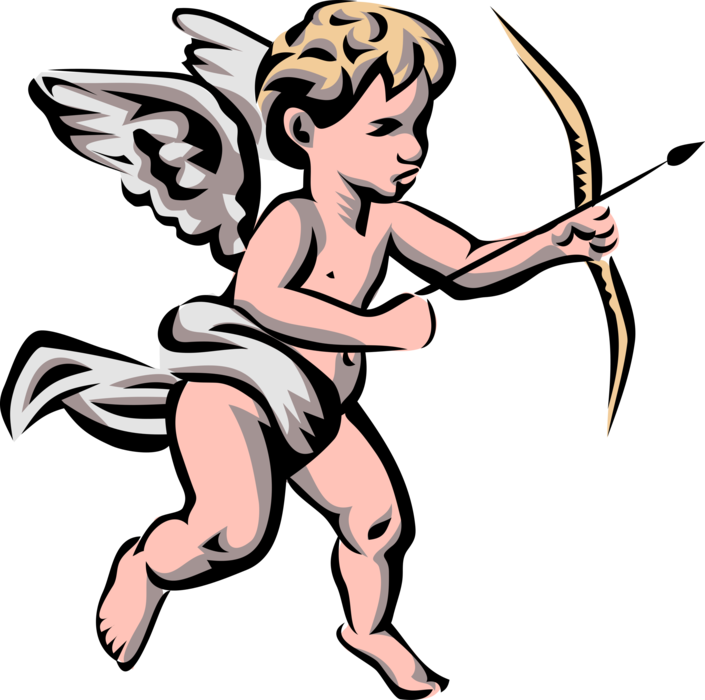 Vector Illustration of Angelic Spiritual Cherub Angel with Wings Shoots Bow and Arrow